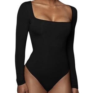 Topshop Square Neck Long Sleeve Ribbed Bodysuit in Black